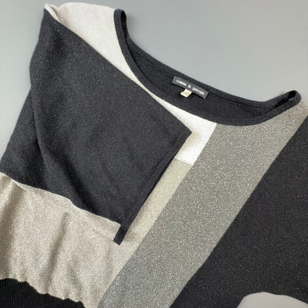 Cable & Gauge Black Silver Colorblock Metallic Knit Top